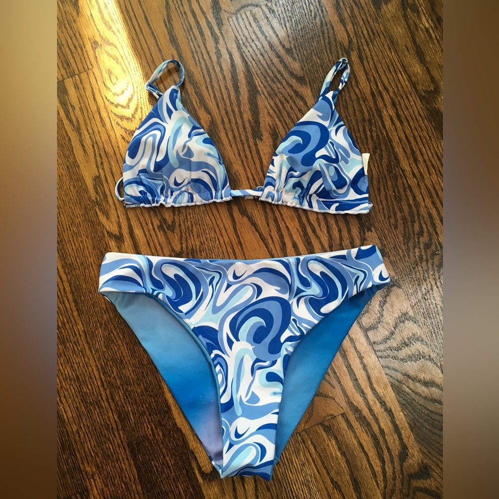 Shein Teen Girls Abstract Fluid Pattern Reversible Bikini Swimsuit sz 11/12Y